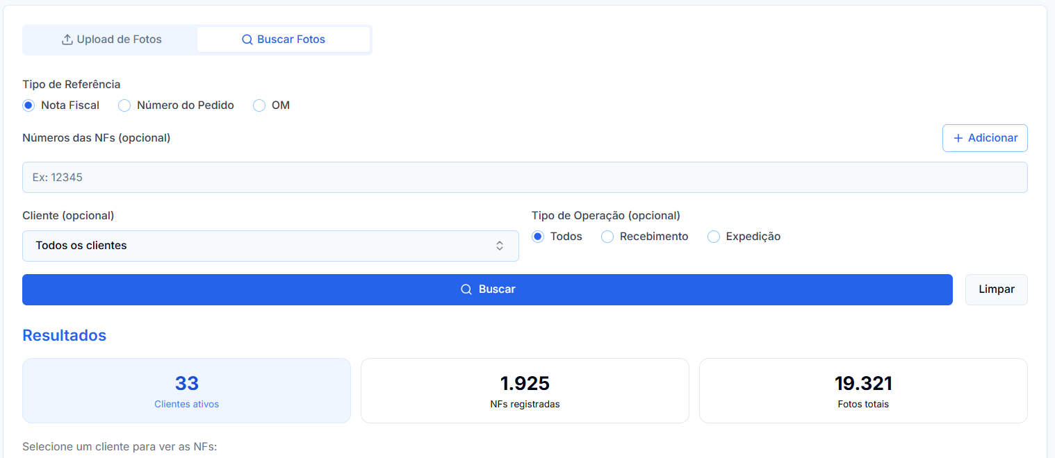 Tela de busca com filtros e resultados